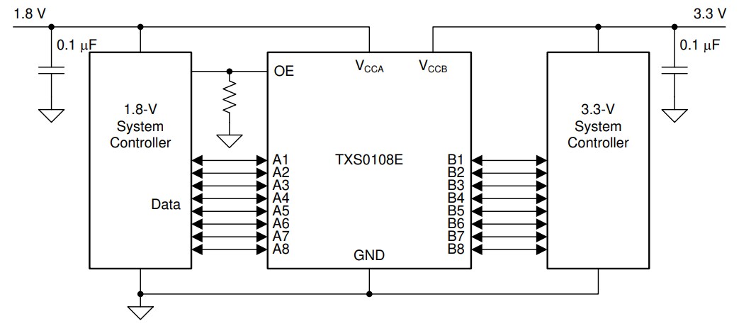 Application Circuit Diagram - SparkFun Level Shifter - 8 Channel (TXS0108E)